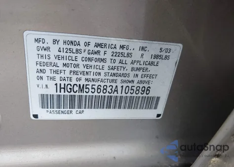 2003 Honda Accord 2.4 Ex/Ex из США, поврежденный, VIN 1HGCM55683A105896